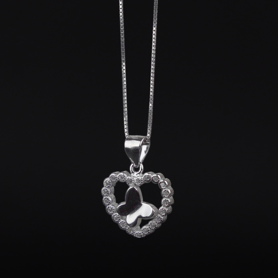 Sterling Silver Heart Pendant with Butterfly and Zircon Stone