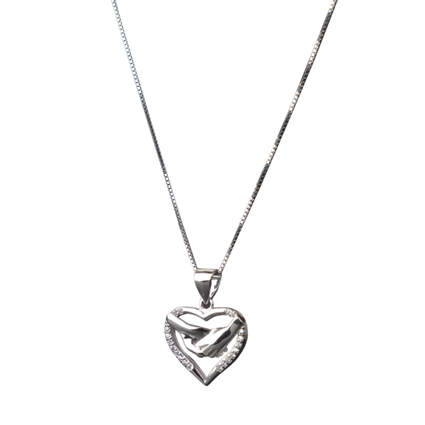 Sterling Silver Heart Pendant with Handshake and Zircon Stone - Image 2