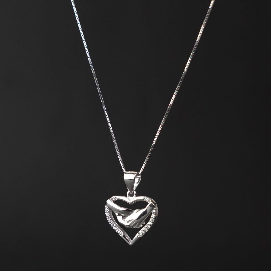 Sterling Silver Heart Pendant with Handshake and Zircon Stone