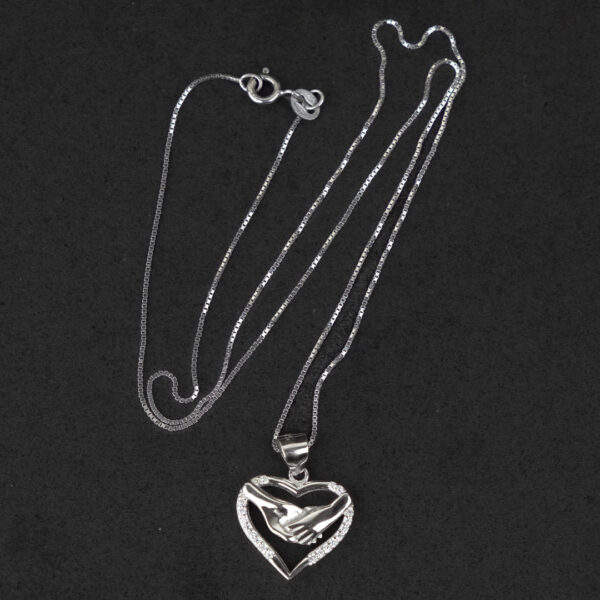 Sterling Silver Heart Pendant with Handshake and Zircon Stone - Image 3